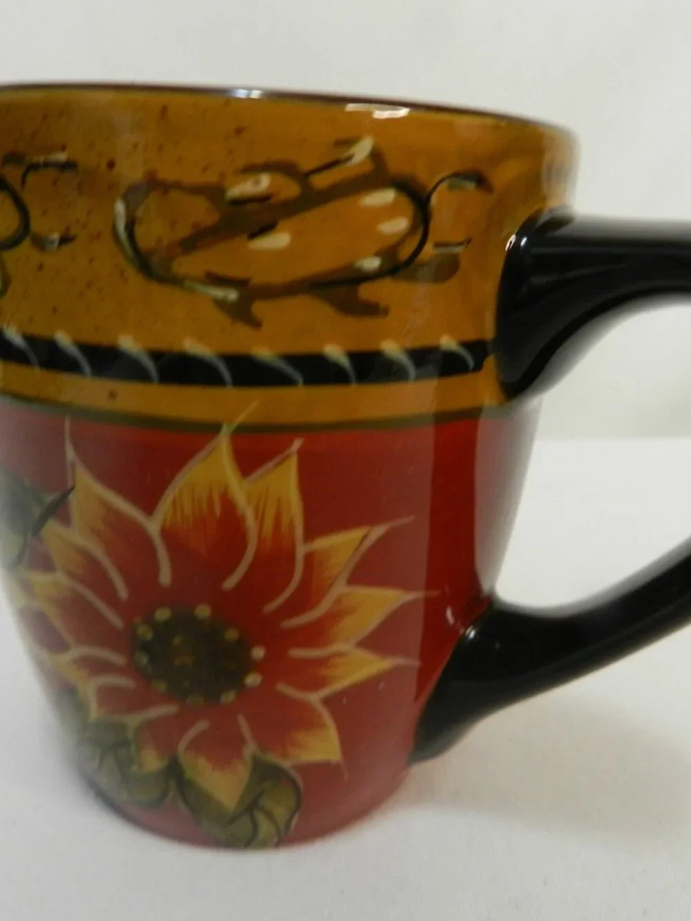 Pier 1 One Sunflower Hand painted Terracotta Mug Cup Set 3 floral Vintage